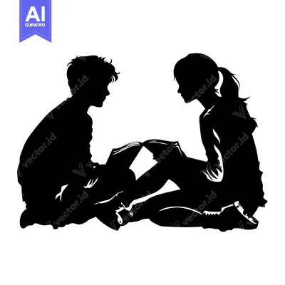 Popular premium asset: Silhouette of a boy and girl sitting side by side, reading a book toge