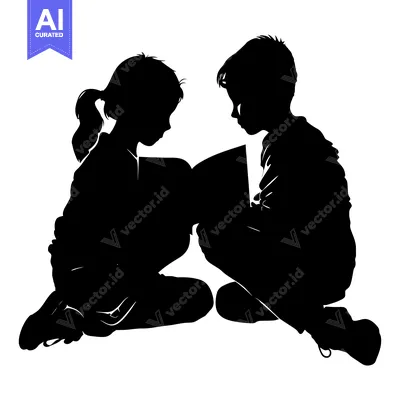 Premium design asset: Silhouette of a Boy and Girl Reading a Book Together