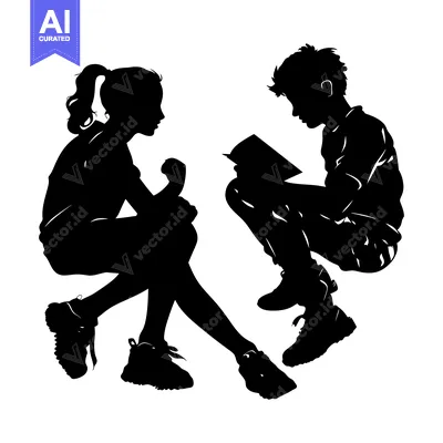Aset premium populer: Silhouette of a girl and boy sitting and reading a book