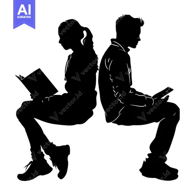 Aset desain premium: Silhouettes of a Man and Woman Sitting Back-to-Back Reading Books