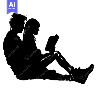 Aset desain premium: Silhouette of a Couple Reading a Book Together