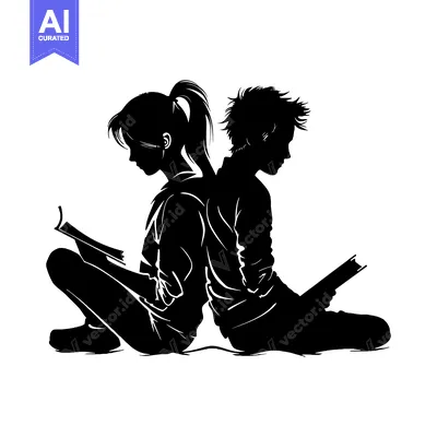 Aset premium populer: Silhouettes of a Girl and Boy Sitting Back to Back Reading Books