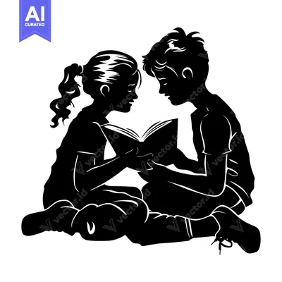 Premium design asset: Boy and Girl Sharing a Book in Silhouette