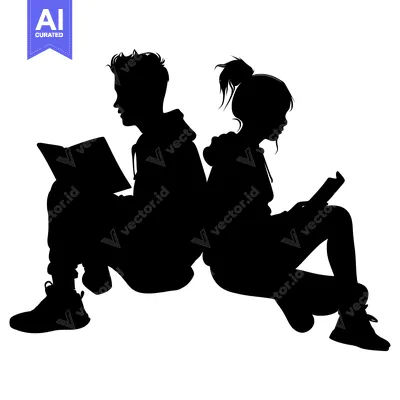 Aset premium populer: Silhouette of a boy and girl sitting and reading