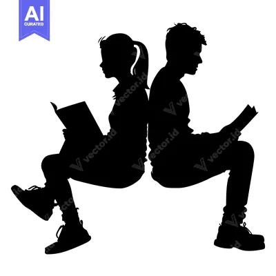 Premium design asset: Silhouette of a young couple sitting back-to-back and reading books