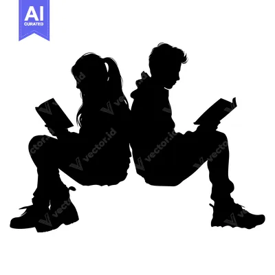 Aset desain premium: Silhouette of a Boy and Girl Sitting Back-to-Back Reading Books