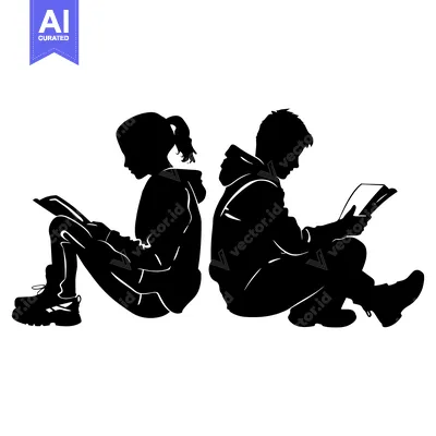Aset desain premium: Silhouettes of a girl and boy sitting back-to-back, both reading books