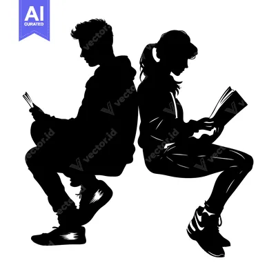 Aset desain premium: Silhouette of a Boy and Girl Reading Books Back-to-Back
