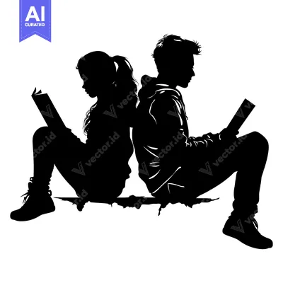 Aset premium populer: Silhouette of a Boy and Girl Back to Back Reading Books
