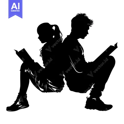 Premium design asset: Silhouette of a boy and girl reading books back-to-back