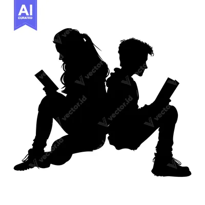 Aset premium populer: Silhouette of a young couple sitting back to back, reading books