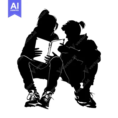 Aset premium populer: Two Silhouettes of People Sitting and Reading a Book