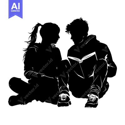 Aset premium populer: Silhouette of a young couple sitting together and reading a book