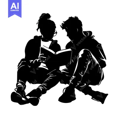 Aset premium populer: Silhouette of a young couple sitting and reading a book together