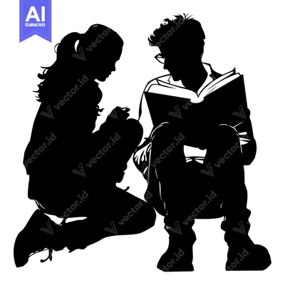 Aset premium populer: Silhouette of a young man reading a book to a young woman