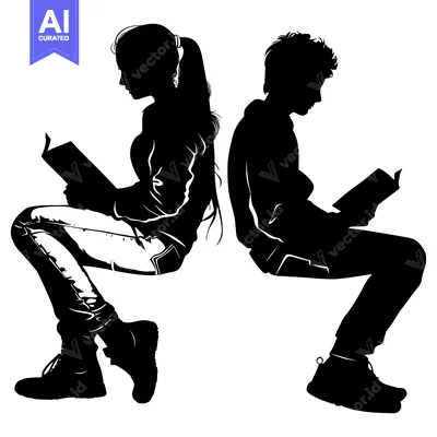Aset desain premium: Silhouettes of a Young Woman and Man Reading Books