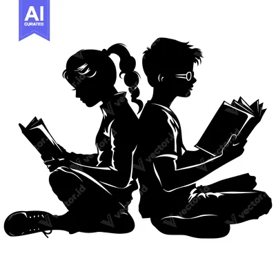 Popular premium asset: Silhouette of a Girl and Boy Sitting Back-to-Back Reading Books