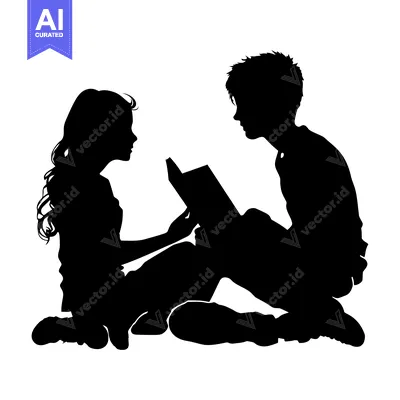 Aset desain premium: Silhouette of a boy and girl reading a book together