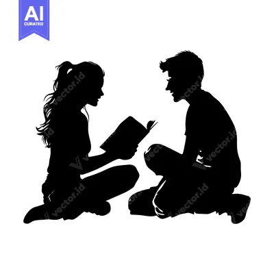 Aset desain premium: Silhouette of a Man and Woman Reading a Book Together