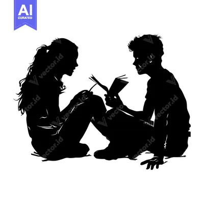 Aset desain premium: Silhouette of a Young Couple Reading a Book Together