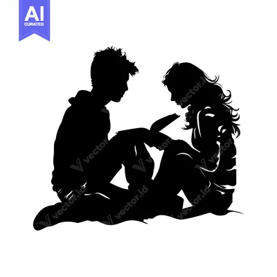 Aset desain premium: Silhouette of a Couple Sitting Together, Reading a Book