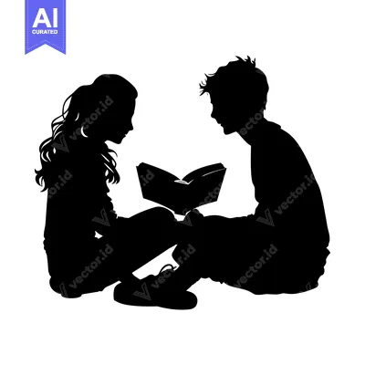 Aset desain premium: Silhouette of a Girl and Boy Sharing a Book