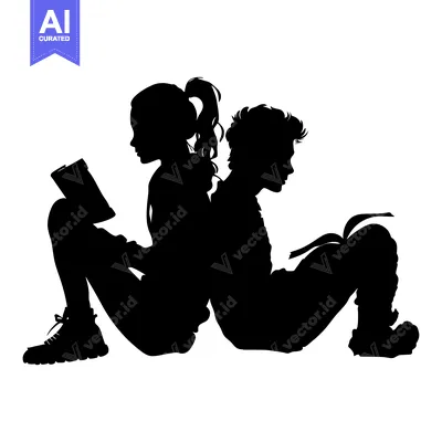 Aset premium populer: Silhouette of two children sitting back to back, reading books