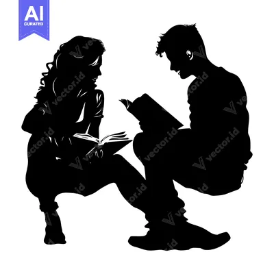 Aset desain premium: Silhouette of a man and woman reading books