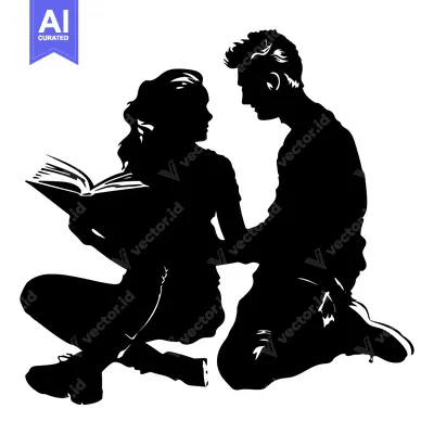 Aset desain premium: Silhouette of a Couple Reading a Book Together