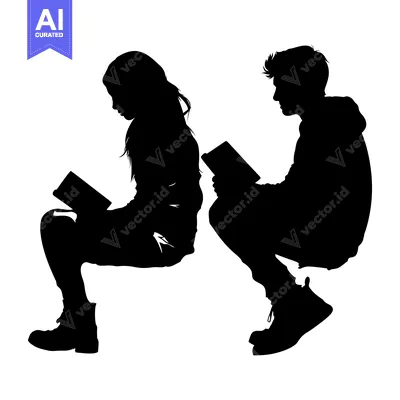 Premium design asset: Silhouette of a Boy and Girl Sitting Back to Back Reading Books