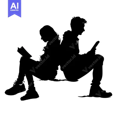 Popular premium asset: Silhouette of a young man and woman sitting back-to-back reading