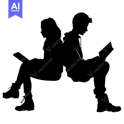 Popular premium asset: Silhouette of a Boy and Girl Sitting Back to Back Reading