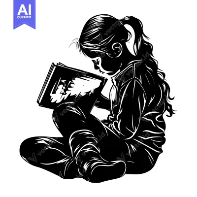 Black and White Silhouette of a Young Girl Reading a Book