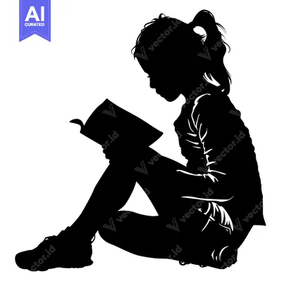 Aset desain premium: Silhouette of a young girl sitting and reading a book