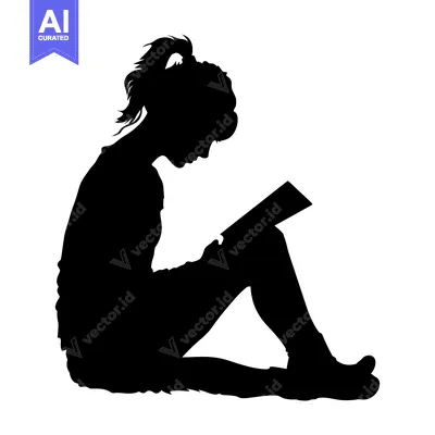 Aset desain premium: Silhouette of a young woman sitting and reading a book