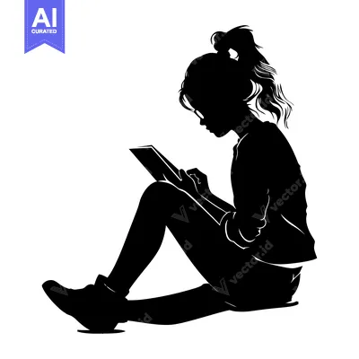 Aset desain premium: Silhouette of a Woman Sitting and Using a Tablet