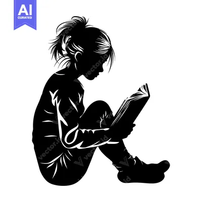 Aset desain premium: Silhouette of a Girl Reading a Book