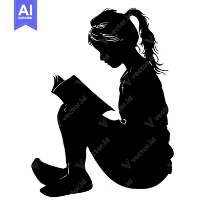 Aset desain premium: Silhouette of a Young Girl Sitting and Reading a Book