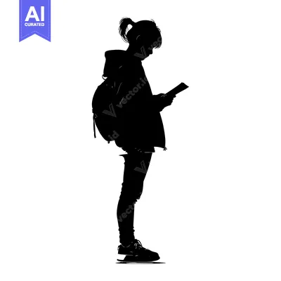 Aset desain premium: Silhouette of a Girl with a Backpack Reading a Paper