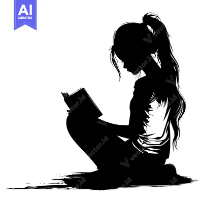 Aset desain premium: Silhouette of a Young Woman Sitting and Reading a Book