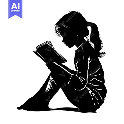 Premium design asset: Silhouette of a young girl reading a book while sitting on the floor