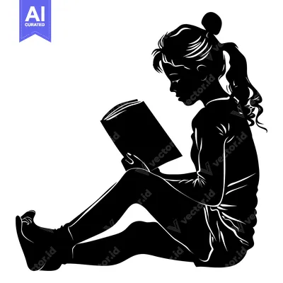 Aset desain premium: Silhouette of a Young Woman Reading a Book While Sitting