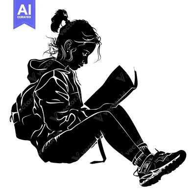 Premium design asset: Silhouette of a young woman reading a book while sitting on the ground