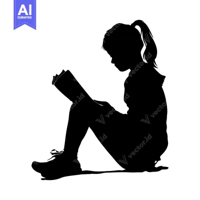 Aset premium populer: Silhouette of a Young Girl Sitting and Reading a Book