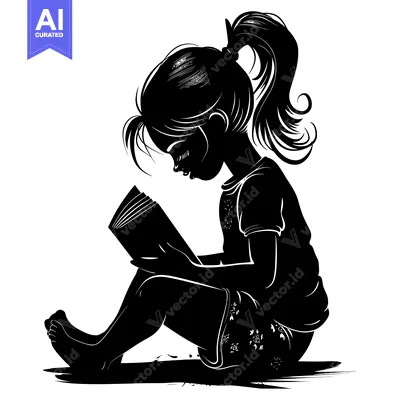 Aset premium populer: Silhouette of a Girl Reading a Book with Her Hair in a Ponytail