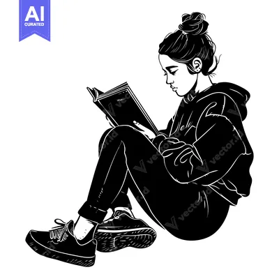 Aset premium populer: A Young Woman Reading a Book, Sitting on the Floor, in Black and White