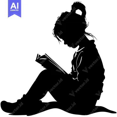 Premium design asset: Silhouette of a young girl sitting and reading a book