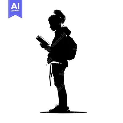 Aset desain premium: Silhouette of a girl reading a book while wearing a backpack