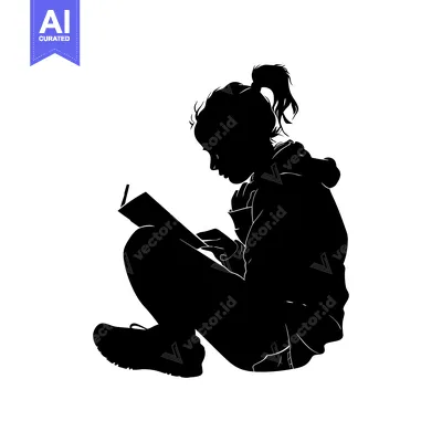 Aset desain premium: Silhouette of a Girl Reading a Book While Sitting Down