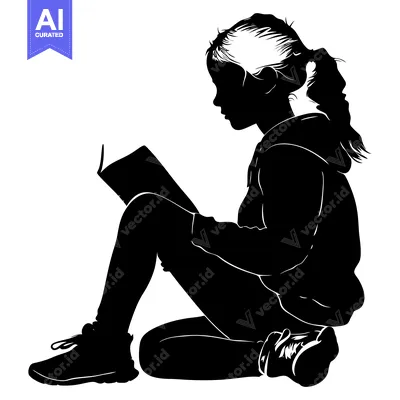 Premium design asset: Silhouette of a Young Girl Sitting and Reading a Book